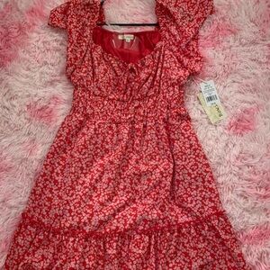 REWIND Junior XL red flowered skater dress w/front tie ruffled sleeves